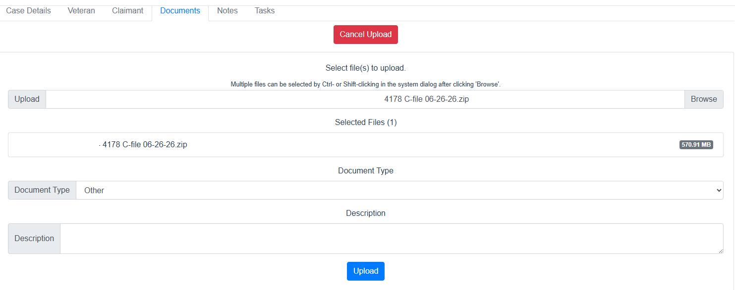 VCH upload form with selected C-File filename redacted