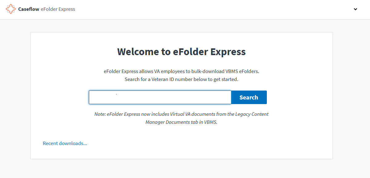 eFolder Express search screen with Veteran ID redacted