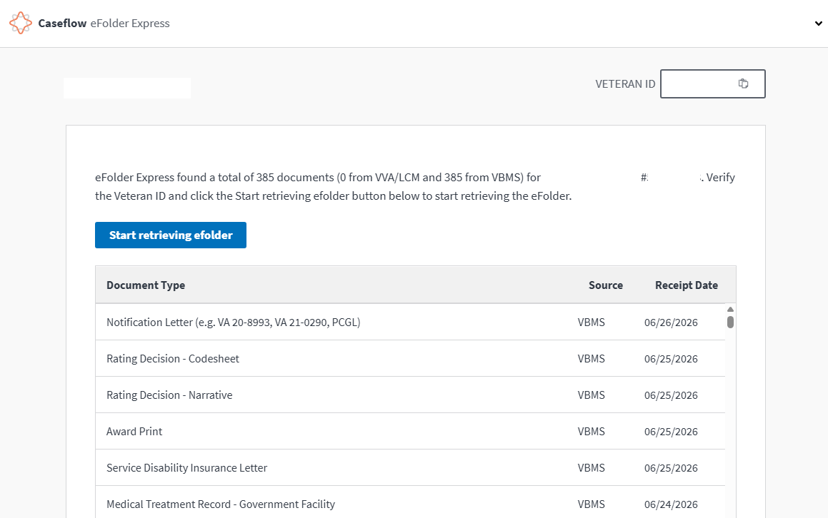 eFolder Express document list with Veteran name and ID redacted