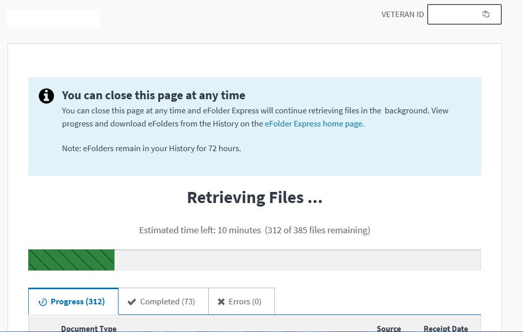 eFolder Express retrieving files progress screen with Veteran information redacted