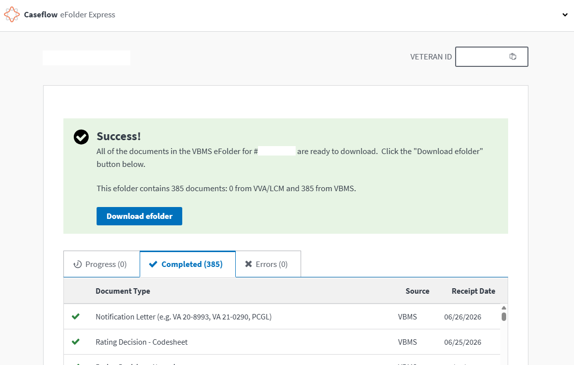 eFolder Express download button after successful retrieval with Veteran information redacted