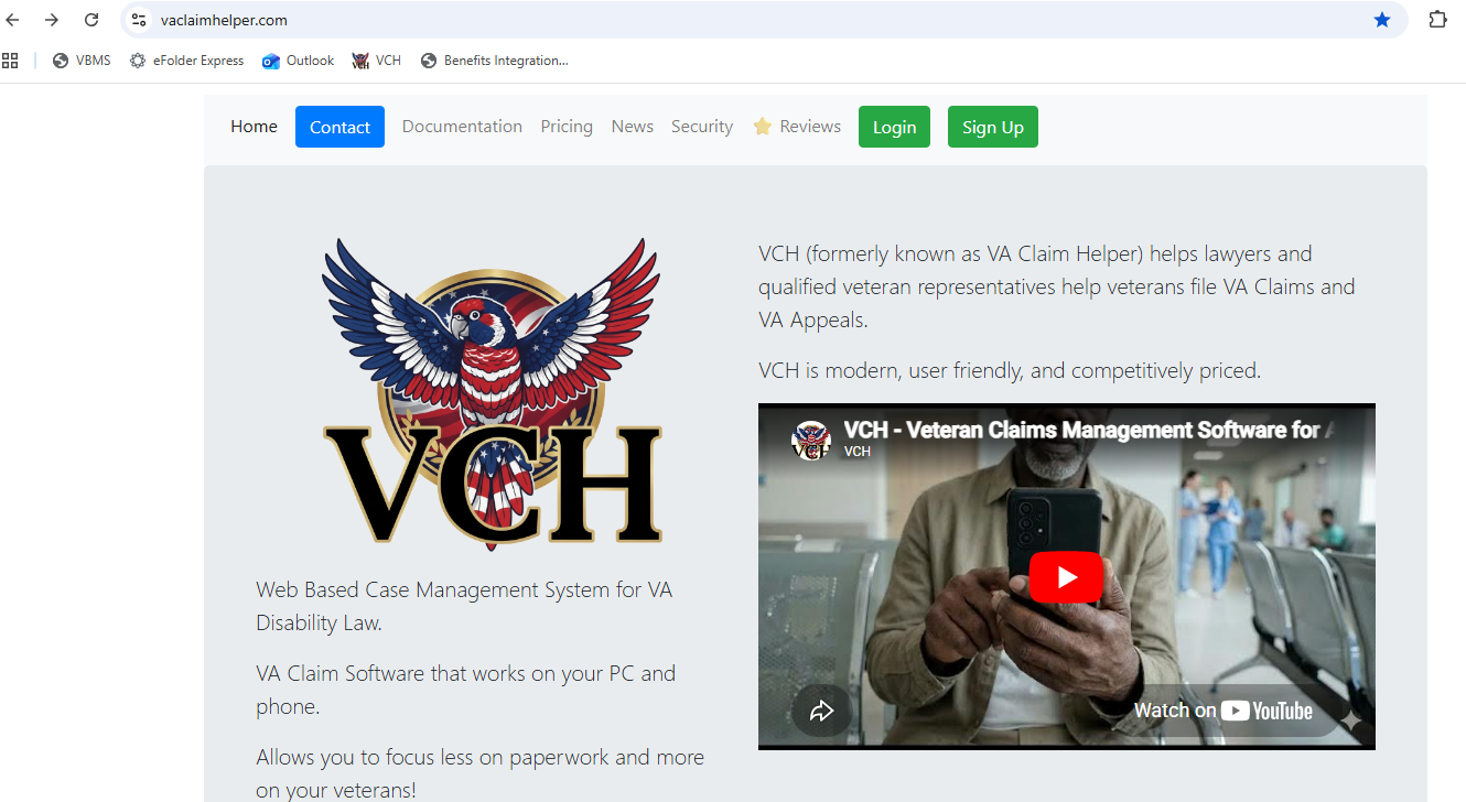 VCH home page showing the login button