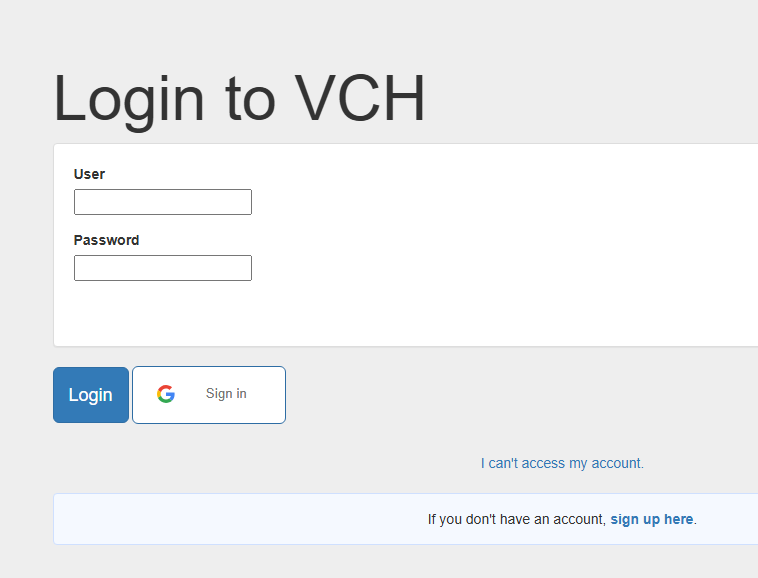 VCH login screen