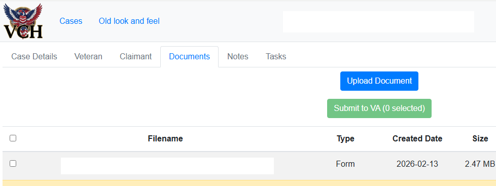 VCH Documents tab with case information redacted
