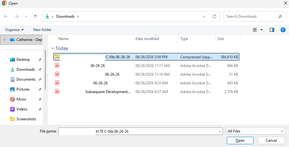 Windows file picker showing downloaded C-File ZIP with file names redacted